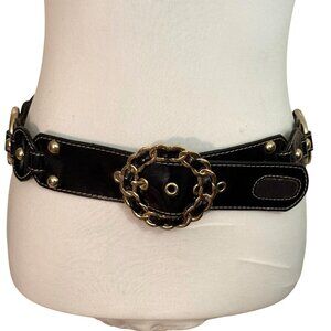 Edgy Link Ring Statement Belt Size M Black Leather Studded Circle Y2k Biker Chic